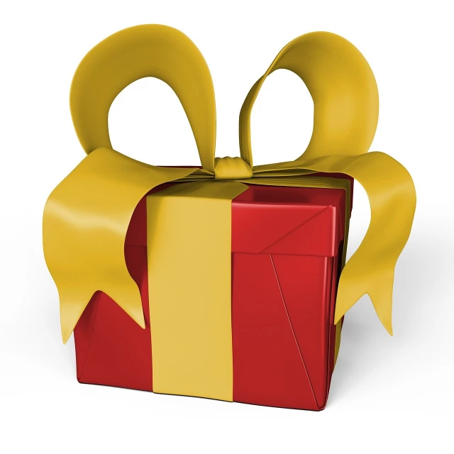 a red and yellow gift box with a yellow bow, a digital rendering, by David Garner, side view centered, top, toys, birthday