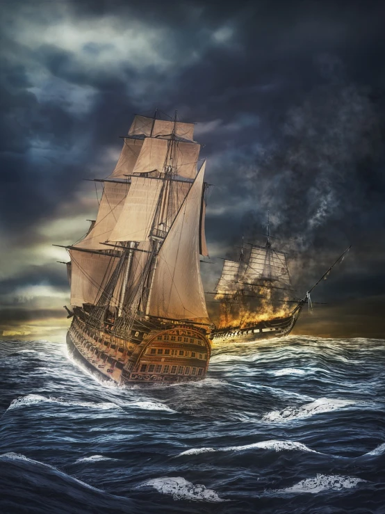 a large boat floating on top of a body of water, a digital rendering, by François Bocion, shutterstock, renaissance, stormy and grand war scene, victorian fire ship, twins, prize winning photo