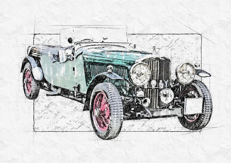 a drawing of a vintage car on a piece of paper, a colorized photo, inspired by Harry Haenigsen, trending on pixabay, fine art, bentley, digital oil on canvas, sketched 4k, sport car