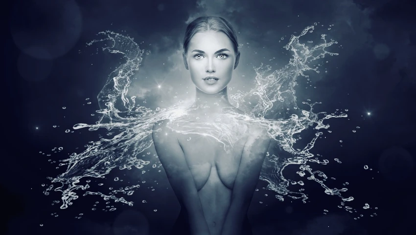 a black and white photo of a woman surrounded by water, digital art, shutterstock, digital art, body full glowing vacuum tubes, photo of a beautiful woman, emanating with blue aura, androgyn beauty