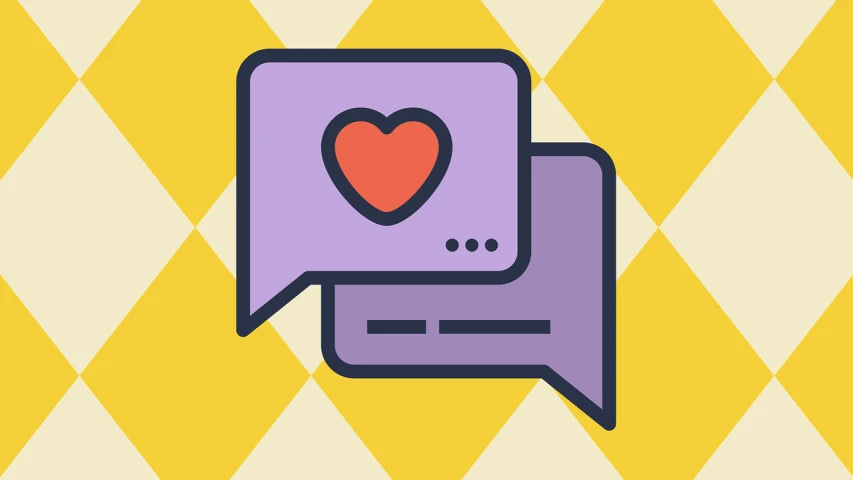 a speech bubble with a heart on it, a picture, trending on pixabay, checkered pattern, yellow and purple color scheme, card game illustration, dribbble illustration