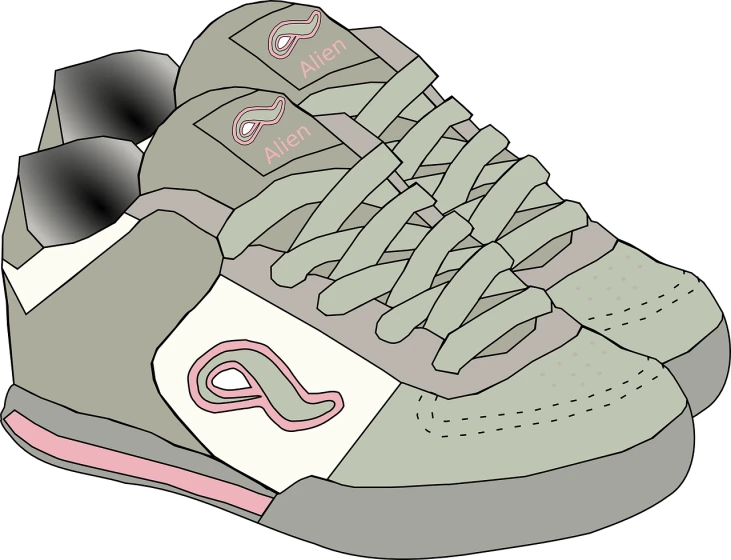 a close up of a tennis shoe on a black background, by Julian Allen, digital art, cell shaded adult animation, pink and grey muted colors, wikihow illustration, acid-green sneakers