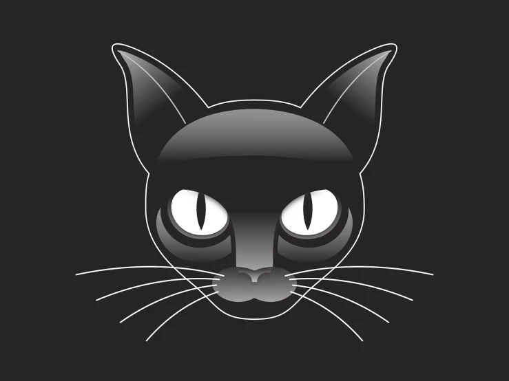 a black cat with glowing eyes on a black background, vector art, by Andrei Kolkoutine, minimalism, caracal head, black and white vector, family photo, cat witch
