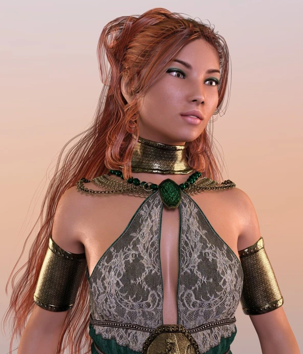 a close up of a person wearing a dress, a 3D render, inspired by E. Charlton Fortune, fantasy art, very beautiful female barbarian, copper and emerald, pretty female cleric, lovely bohemian princess