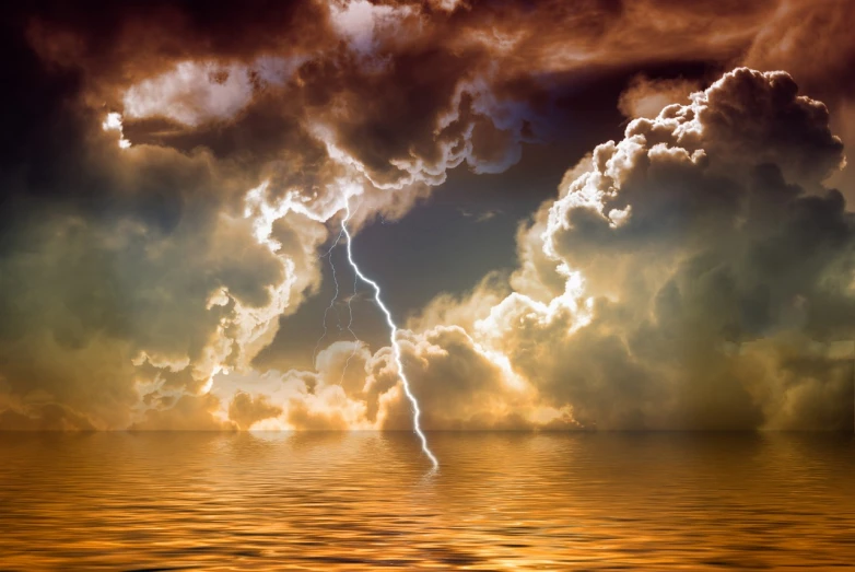 a cloud filled sky over a body of water, a stock photo, shutterstock, crackling with lightning, battle between good and evil, liquid gold, colorfully ominous background