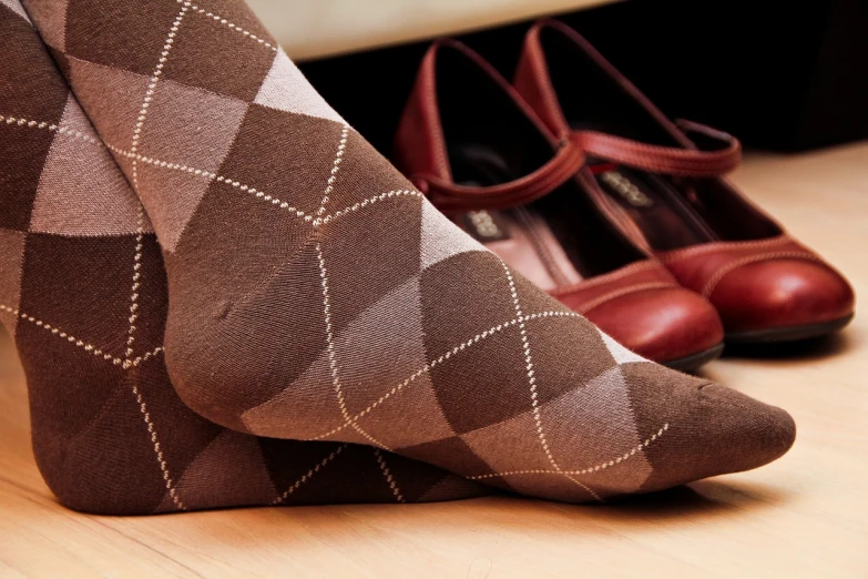 a pair of brown argyle socks next to a pair of red shoes, by Jakob Gauermann, shutterstock, elegant woman, beautiful wallpaper, brown colors, browns and whites