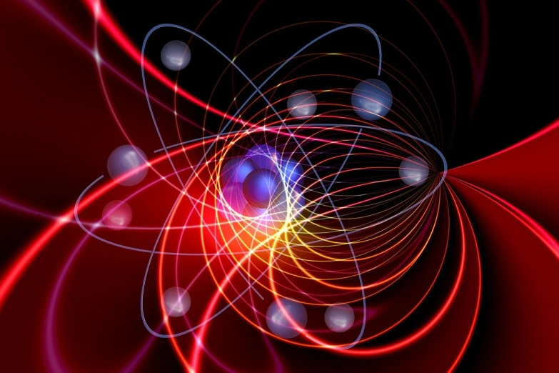 a computer generated image of a red and blue object, a digital rendering, by Stefan Gierowski, shutterstock, atoms floating, glowing spiral background, energy trails, forcefield