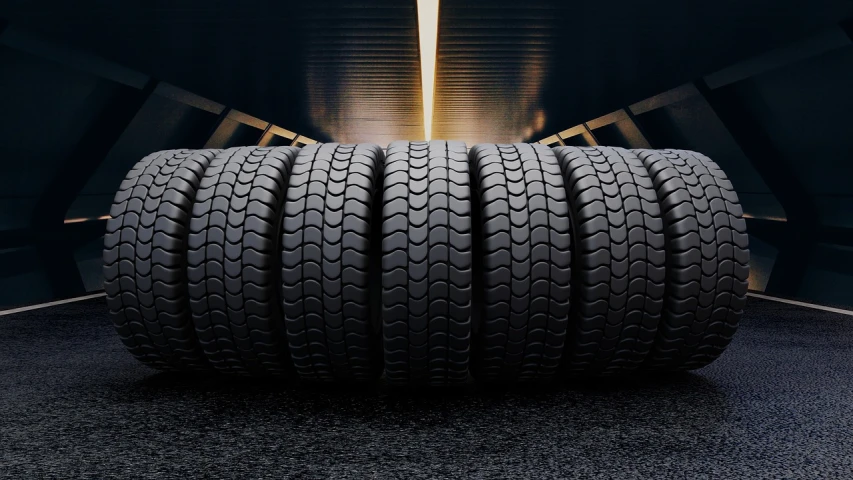 a bunch of tires stacked on top of each other, a digital rendering, pexels contest winner, dark industrial background, in a row, bridge, in style of ultra realistic