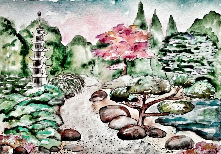 a watercolor painting of a japanese garden, a watercolor painting, modern european ink painting, a beautiful artwork illustration, mixed media illustration, watercolor inpaint, beautiful painting of a tall