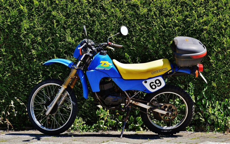 a blue and yellow motorcycle parked next to a bush, by Jan Dirksz Both, trending on pixabay, 1985 cheverlot k20 c10, super model-s 100, cross hatch, profile shot