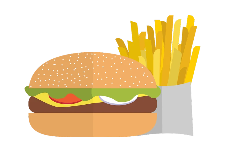 a hamburger and french fries on a black background, inspired by Pia Fries, pixabay, figuration libre, wikihow illustration, flat illustration, 2. 5 d illustration, dinner is served