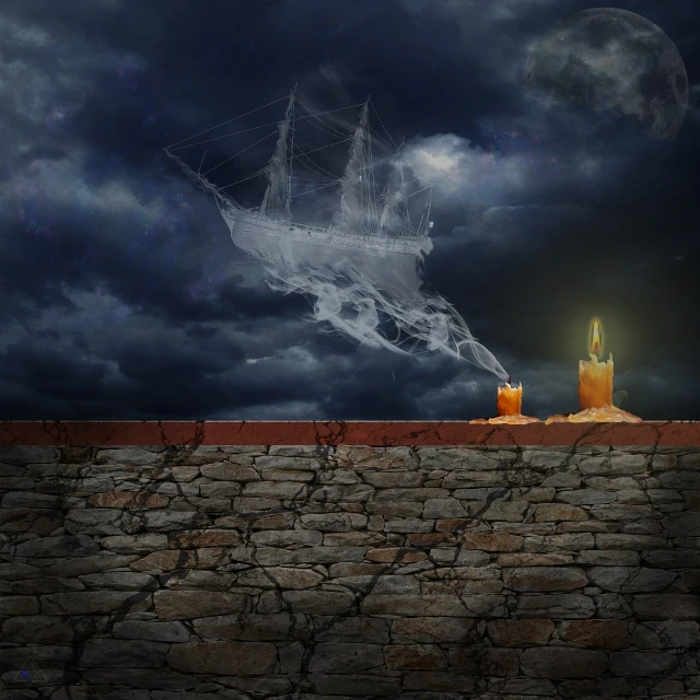 a candle sitting on top of a brick wall, by Hristofor Zhefarovich, digital art, skeletons on a pirate ship, ghosts night sky, set photo, strange craft above the horizon