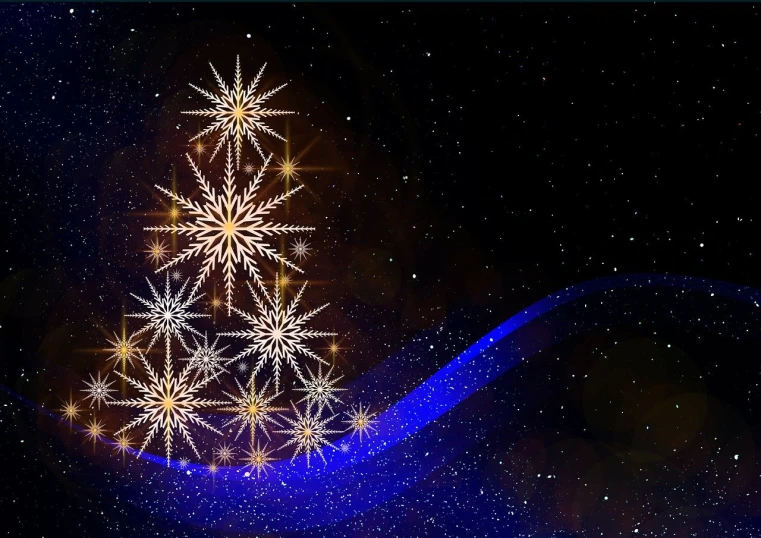 a christmas tree made of snowflakes on a blue background, digital art, galaxies and star in the sky, with a black background, screen capture, tarot card background