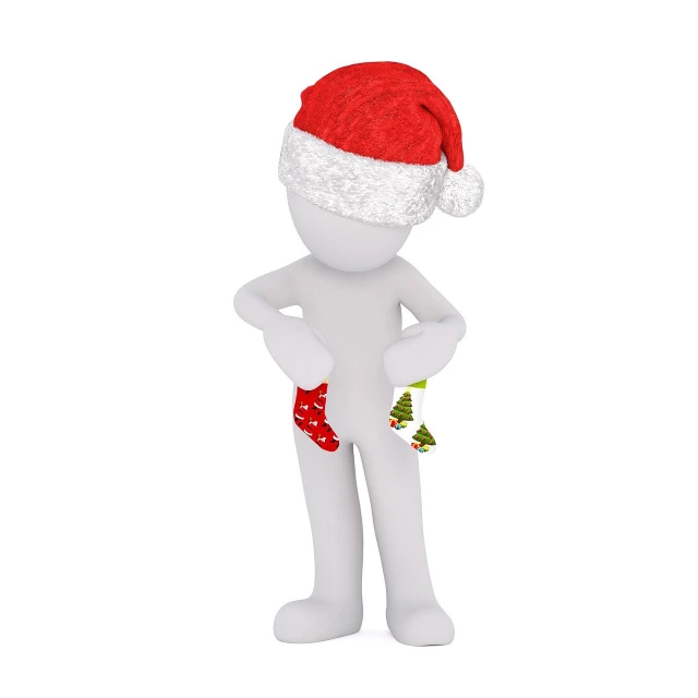 a person wearing a santa hat and holding a christmas stocking, a stock photo, by Elaine Hamilton, pixabay contest winner, happening, cute 3 d render, spoon slim figure, stock photo, not wearing many clothes
