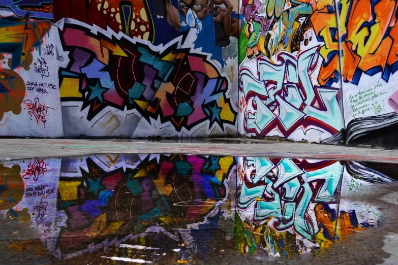 a man riding a skateboard on top of a puddle of water, graffiti art, by Anton Graff, shutterstock, graffiti, abstract mirrors, vivid colours. sharp focus. wow!, reflections. shady, wall with colorful graffiti