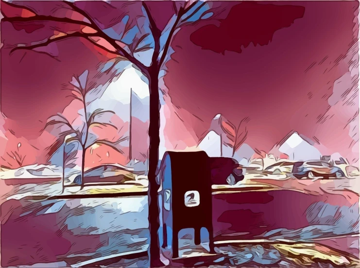 a painting of a piano under a tree, a digital painting, american scene painting, mall background, letterbox, cold colors, !!! very coherent!!! vector art