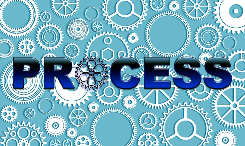 the word process surrounded by gears on a blue background, inspired by Richard Hess, process art, robe. perfect faces, racers, setting is bliss wallpaper, refugees