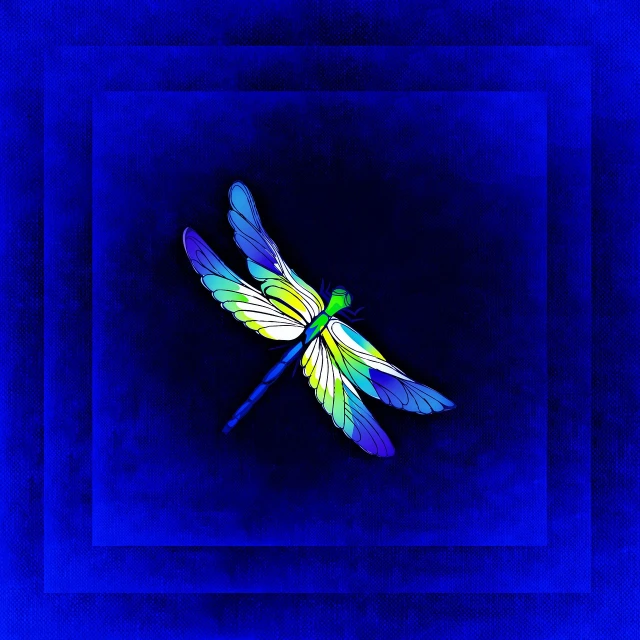 a dragonfly sitting on top of a blue square, inspired by Roger Dean, digital art, beautiful opened wings, luminescent colors, frame, overhead view