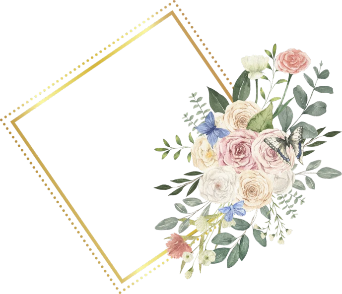 a bouquet of flowers with a gold frame on a black background, by artist, pixabay, with a square, card template, various artists, blush