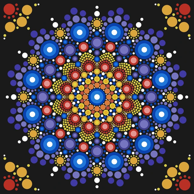 a colorful dot art design on a black background, inspired by Kusama, flickr, mandala ornament, australia intricate, symmetrical digital illustration, persian folkore artstyle