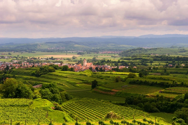 a view of a town from the top of a hill, a picture, by Werner Gutzeit, shutterstock, clad in vines, clouds and fields in background, green fields, postprocessed