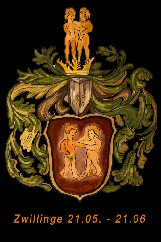 a picture of a coat of arms on a black background, a gouache, art nouveau, children, wrestling, very coherent image, brotherhood