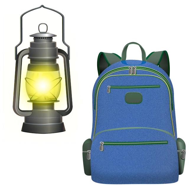 a backpack and a lantern on a yellow background, a digital rendering, added detail, on black background, some yellow green and blue, cut-away