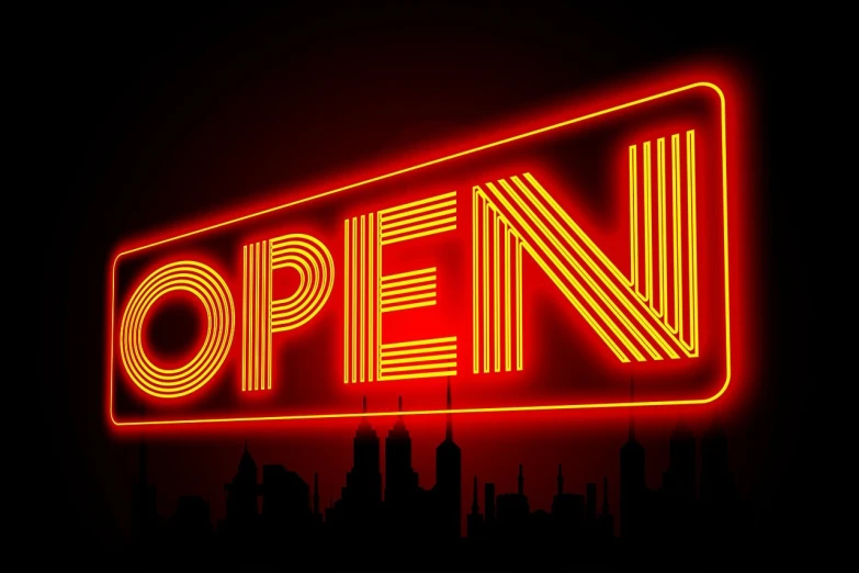 a neon sign that says open in front of a city skyline, a digital rendering, by Wayne England, shutterstock, happening, convenience store, with a black background, empty background, stock photo