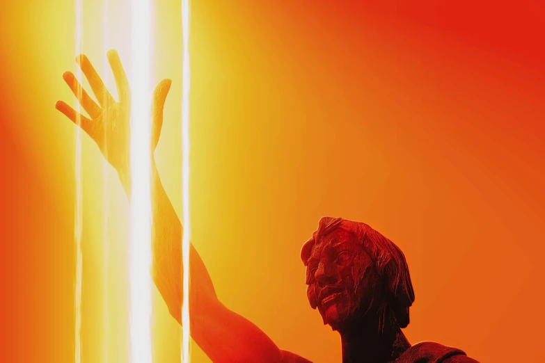a statue of a man holding his hand up in the air, inspired by Mike Winkelmann, epic red - orange sunlight, volumetric lighting iridescence, light entering through a blind, sun shaft