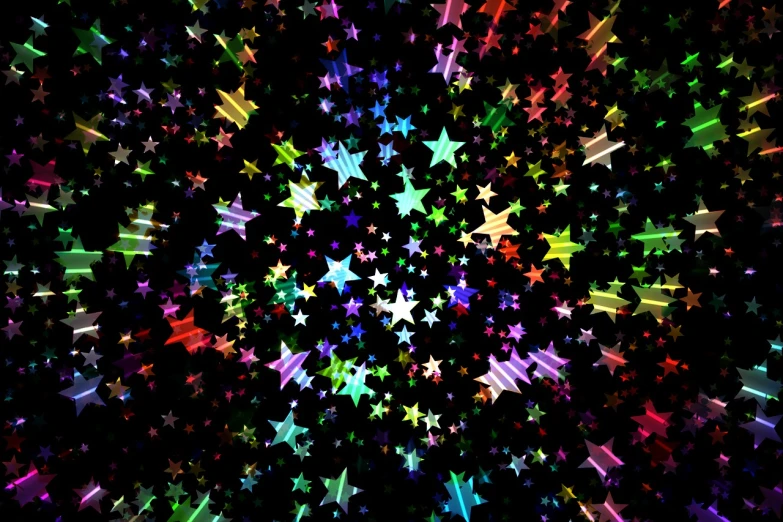 a bunch of colorful stars on a black background, a digital rendering, flickr, glossy flecks of iridescence, star(sky) starry_sky, colorful!!, glass - reflecting - stars