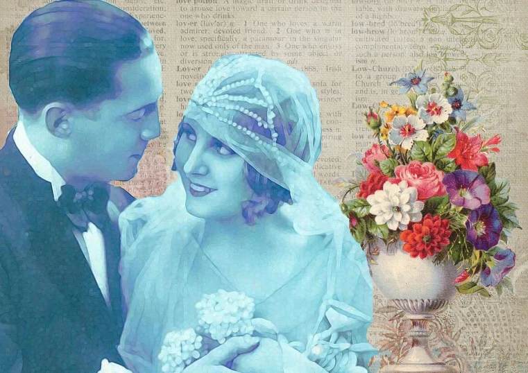 a man and a woman standing next to each other, a digital rendering, by Elizabeth Shippen Green, trending on pixabay, romanticism, blue flowers accents, newspaper collage, wedding photo, header text”