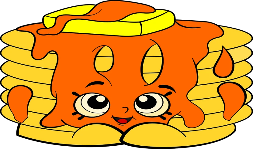 a stack of pancakes with syrup on top, inspired by Pia Fries, pop art, hq 4k phone wallpaper, orange and yellow costume, mr krabs, she is eating a peach