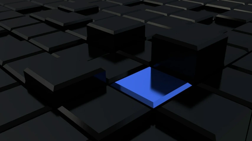 a group of black cubes with a blue square in the middle, digital art, by Andrei Kolkoutine, polycount, digital art, beautiful iphone wallpaper, black floor, background image