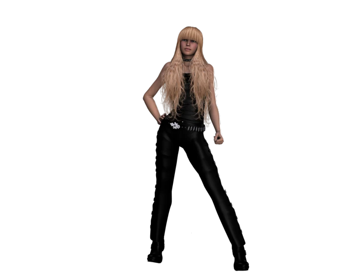 a woman with long blonde hair posing for a picture, a digital rendering, inspired by INO, black leather shiny jeans, punk!!!, body meshes, vocalist