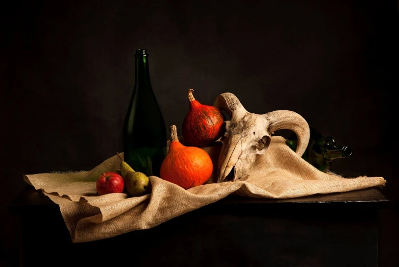 a bottle of wine sitting next to a bunch of fruit, inspired by Caravaggio, vanitas, has horns: a sharp, photo in style of paola kudacki, in the style of hans thoma, naturalistic