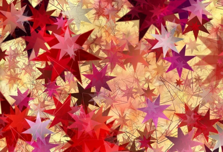 a lot of red and pink stars on a yellow background, digital art, digital art, star(sky) starry_sky, many shards, autumn, glass - reflecting - stars