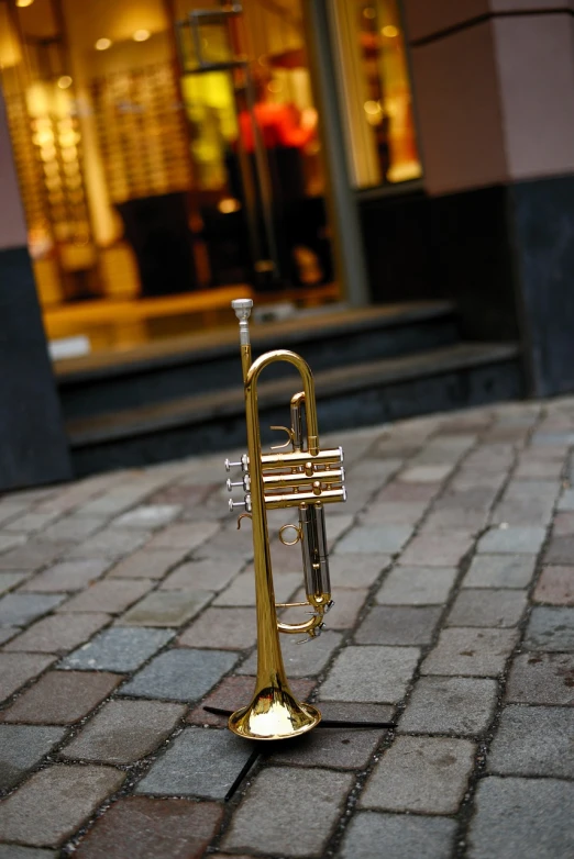 a trumpet sitting on a brick sidewalk in front of a store, by Jens Søndergaard, baroque, helsinki, tripod, shiny brass, highly detailed product photo