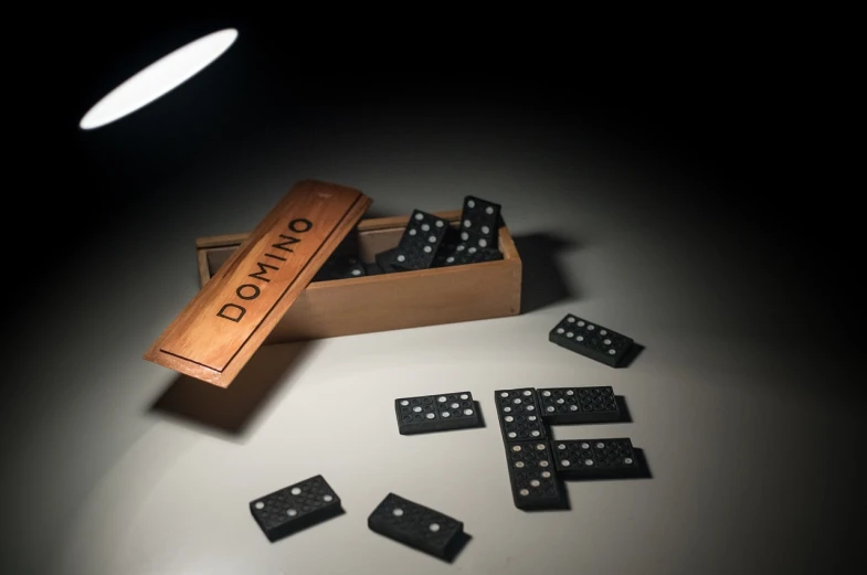 a box of dominos sitting on top of a table, by Dietmar Damerau, deviantart, dim studio lighting, 1 7 9 5, black dots, product introduction photo