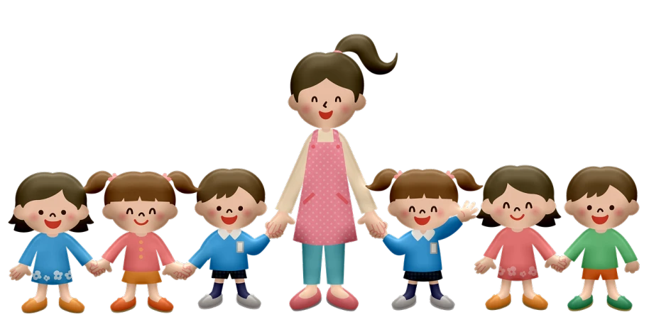 a group of children standing next to each other, a cartoon, by Awataguchi Takamitsu, pixabay, with a black background, mother, 2 d cg, cute woman