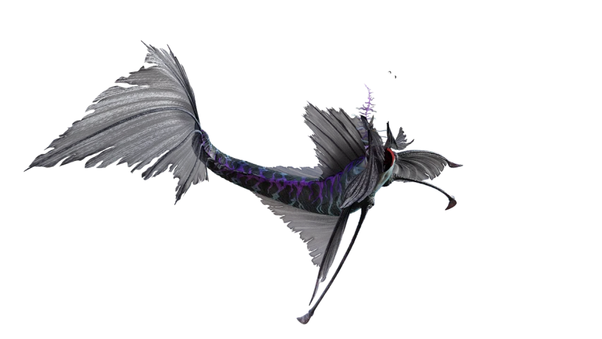 a black and purple bird flying through the air, by Gwen Barnard, zbrush central contest winner, underwater sea dragon full body, fish tail, from bravely default ii, betta fish
