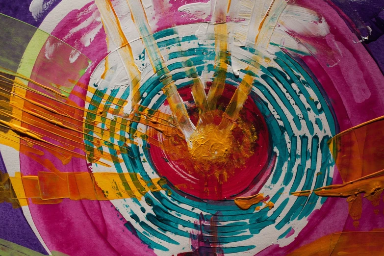 a close up of a painting of a guitar, inspired by James Rosenquist, flickr, action painting, turquoise pink and yellow, pulled into the spiral vortex, enso, jpeg artefacts on canvas