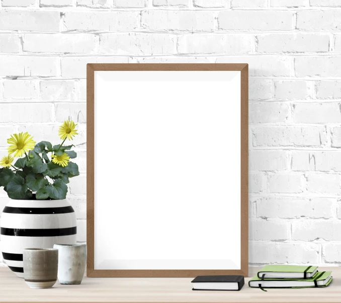 a picture frame sitting on top of a wooden table, postminimalism, poster template on canva, whole bill framed, flower frame, white outline border