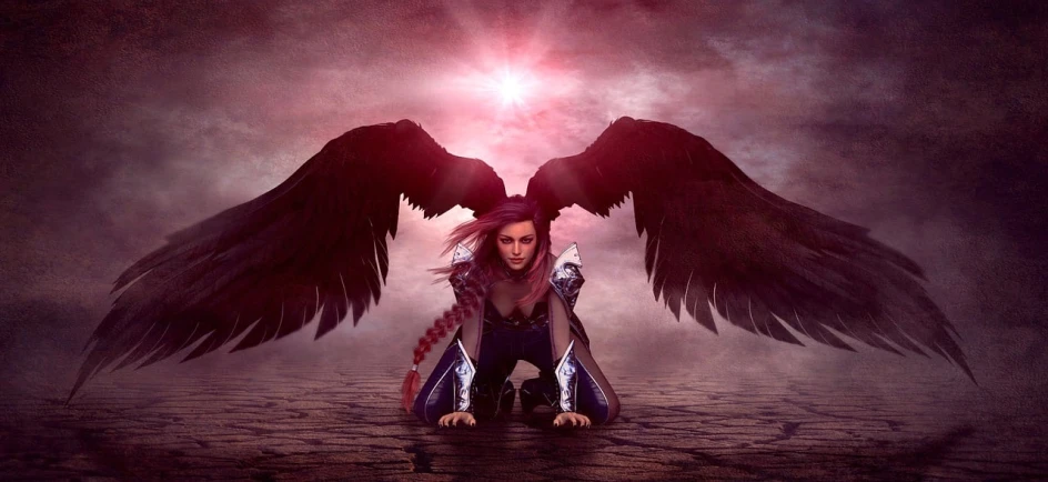 a woman sitting on the ground with wings over her head, inspired by Anne Stokes, pixabay contest winner, digital art, powerful warrior, sun rising, intimidating, eros and thanatos