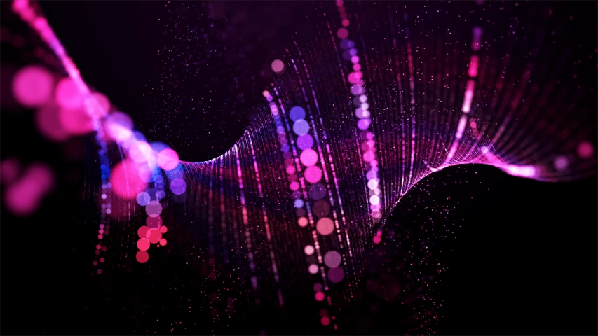 a close up of a bunch of lights on a black background, digital art, shutterstock, digital art, purple and pink, waves and particles, dna, made of dots