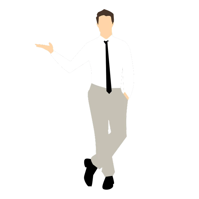 a man in a white shirt and black tie, an illustration of, minimalism, indistinct man with his hand up, on a flat color black background, full body photo, white background : 3