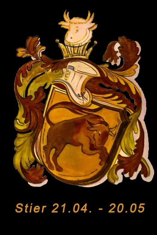 a picture of a coat of arms on a black background, a gouache, art nouveau, bull, very coherent image, amber, stylised illustration