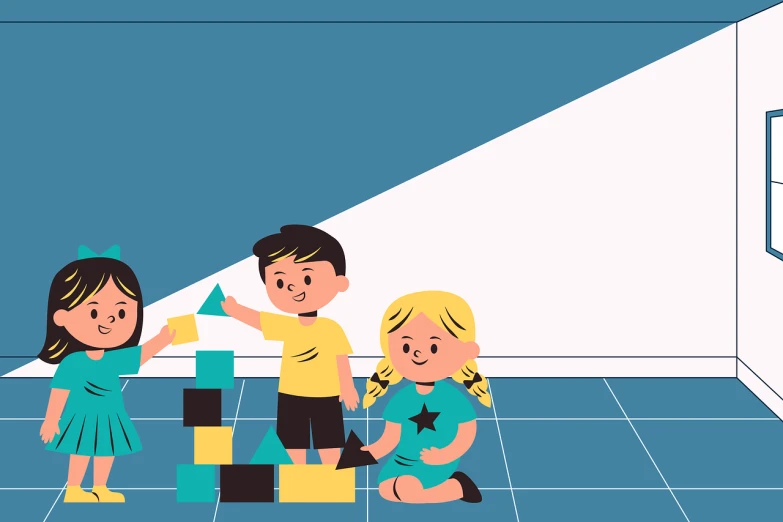 a group of children playing with blocks in a room, an illustration of, shutterstock, conceptual art, flat color and line, stopmotion animation, high contrast illustration, stock photo