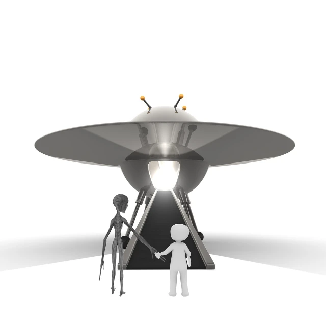 two people shaking hands in front of a spaceship, inspired by Jean Tabaud, surrealism, volumetric search lights, white bg, of a family leaving a spaceship, alien antenna