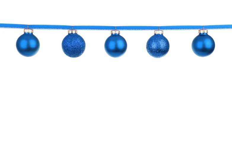 a string of blue christmas ornaments on a white background, minimalism, isolated background, high quality product photo, 6, blue rays