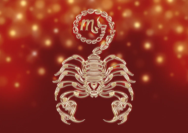 a close up of a scorpion on a red background, a digital rendering, by Caroline Mytinger, gold decorations, mars energy, spaghetti, with glowing runes on the body